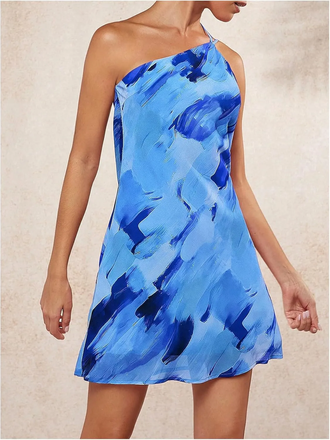 SOLY HUX Women's Tie Dye Mini Dress One Shoulder Backless Draped Halter Dresses Summer Open Back Vacation Outfits