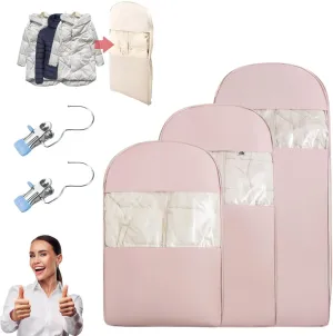 Space Saving Hanging Garment Bag with Self Compression Zipper, Hanging Garment Bag, Closet Organizers & Protector, Clear Garment Bags for Hanging Clothes (Pink, 1Pc L)