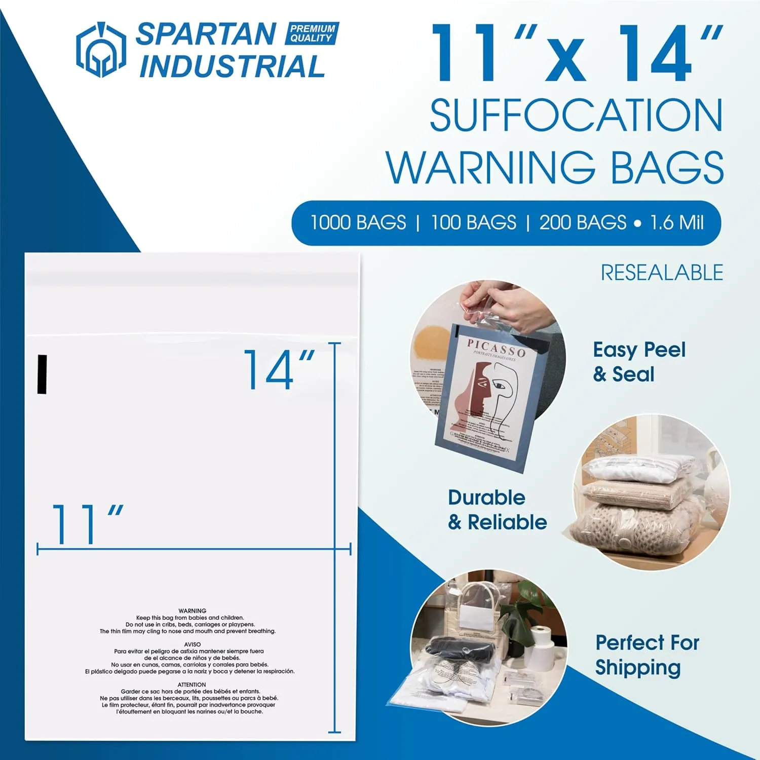 Spartan Industrial - 11 X 14 (200 Count) Self Seal Clear Poly Bags with Suffocation Warning for Packaging, T Shirts & - Resealable Glue