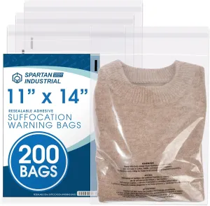 Spartan Industrial - 11 X 14 (200 Count) Self Seal Clear Poly Bags with Suffocation Warning for Packaging, T Shirts & - Resealable Glue
