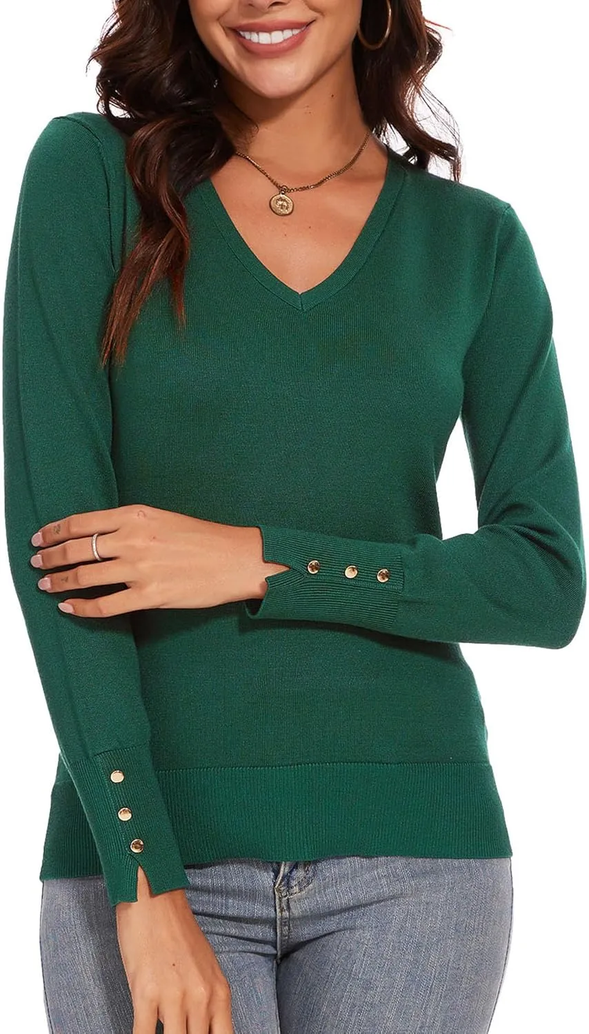 Spicy Sandia Women's V Neck Sweaters Long Sleeve Lightweight Pullover Knit Shirt Essential Top Dressy Casual