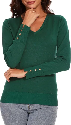 Spicy Sandia Women's V Neck Sweaters Long Sleeve Lightweight Pullover Knit Shirt Essential Top Dressy Casual