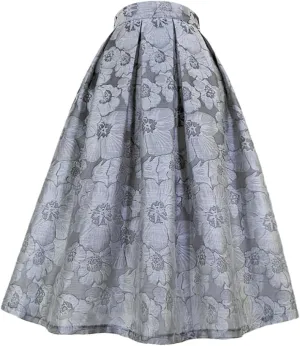 Spring Summer Women Vintage Black Gray Floral Embroidery High Waist Long Pleated Midi Skirt for Office