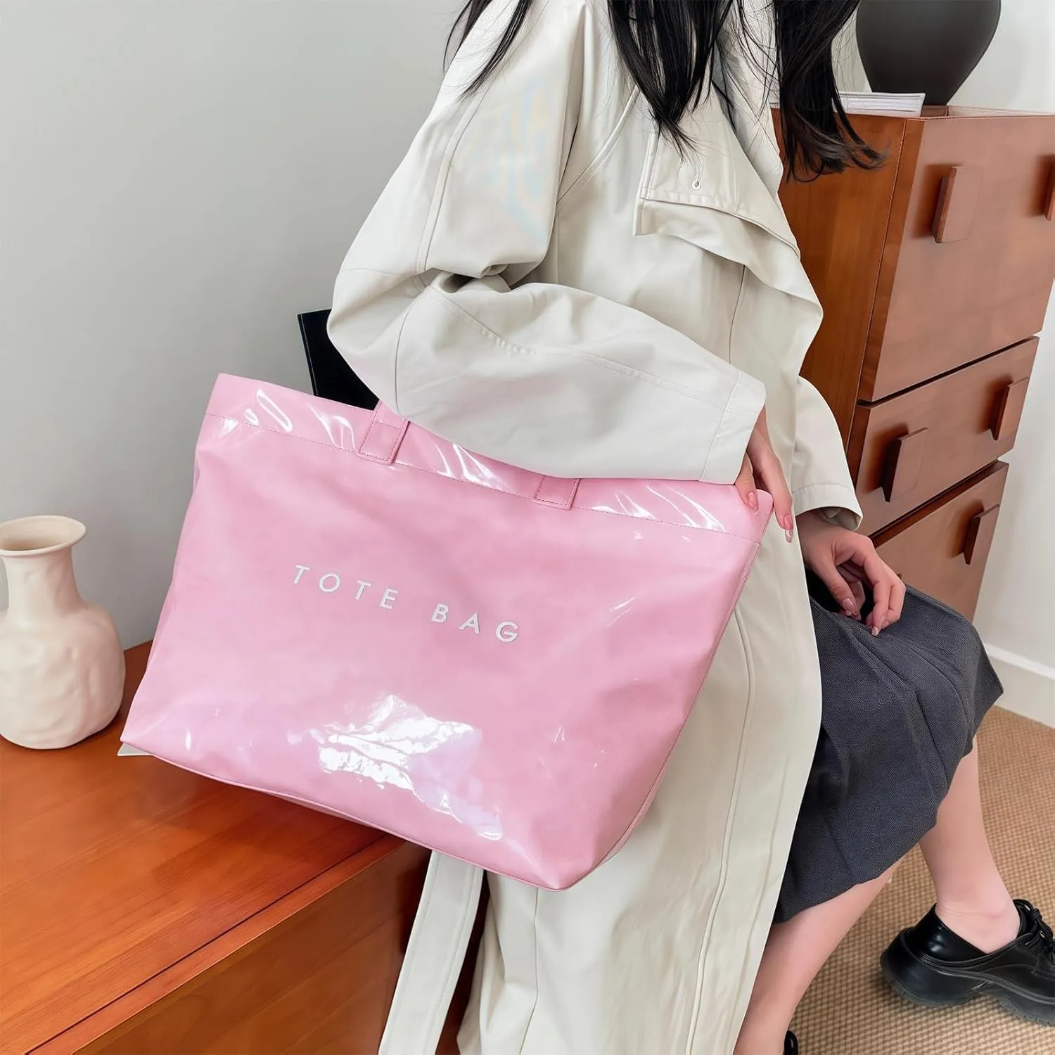 Stellaya Tote Bag, Women's PVC Kraft Paper Tote Bag, Large Shopping Hobo Handbags