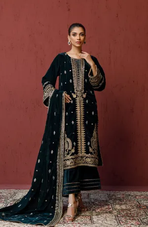 Stitched 3 Piece Embroidered Velvet Shirt , Velvet Pant and Velvet Dupatta (OTLF-23-069/S GREEN)
