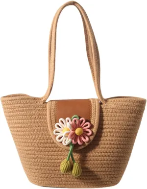 Straw Hobo Bag for Women,Magnetic Closure Beach Purse with Floral Accent, Woven Shoulder Bag for Commute Vacation