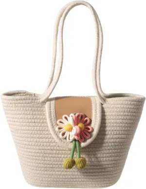 Straw Hobo Bag for Women,Magnetic Closure Beach Purse with Floral Accent, Woven Shoulder Bag for Commute Vacation
