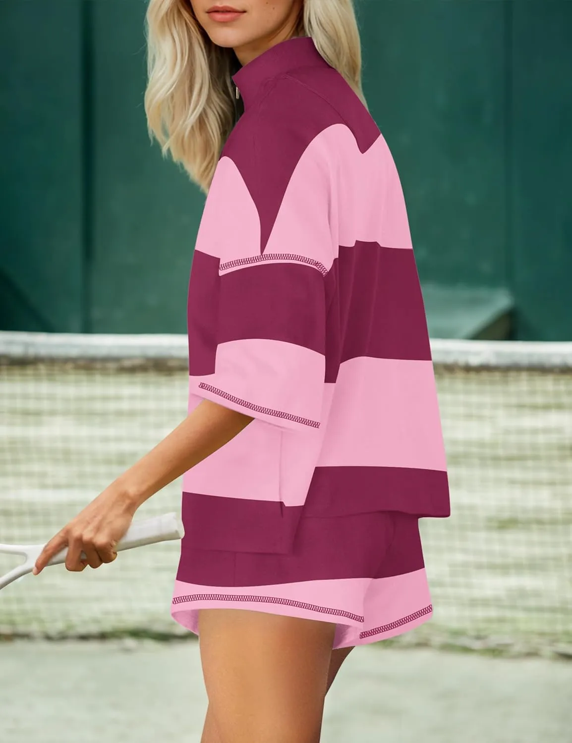 Striped 2 Piece Sweat Sets For Women Half Zip Short Sleeve T Shirts Shorts Sets Summer Lounge Sets Loose Workout Sets