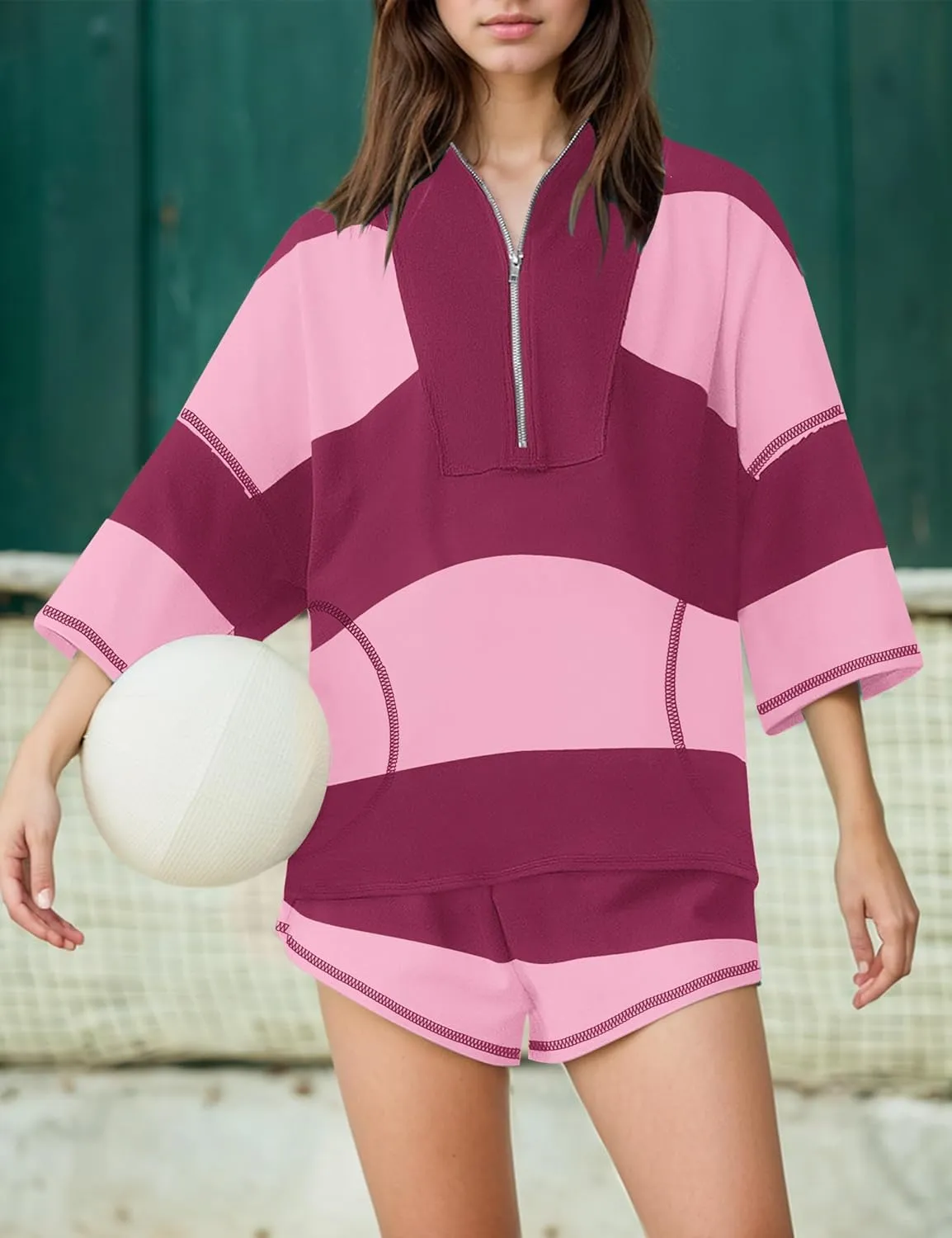 Striped 2 Piece Sweat Sets For Women Half Zip Short Sleeve T Shirts Shorts Sets Summer Lounge Sets Loose Workout Sets
