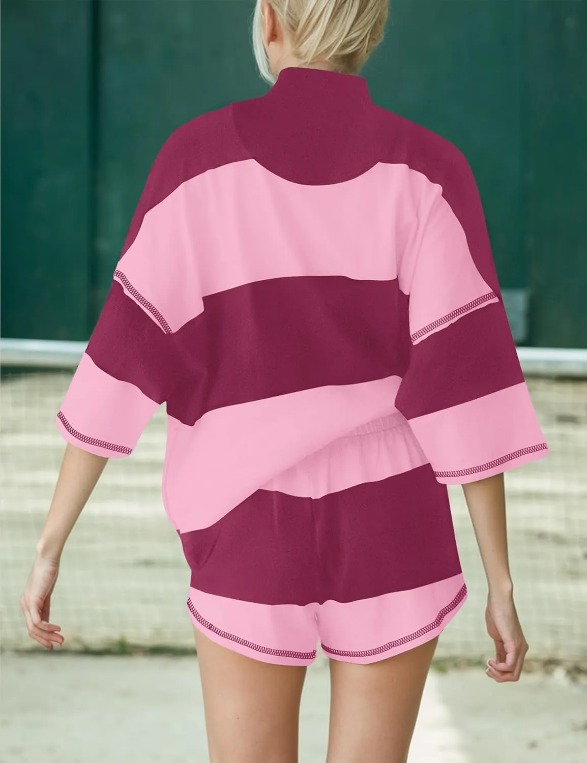 Striped 2 Piece Sweat Sets For Women Half Zip Short Sleeve T Shirts Shorts Sets Summer Lounge Sets Loose Workout Sets