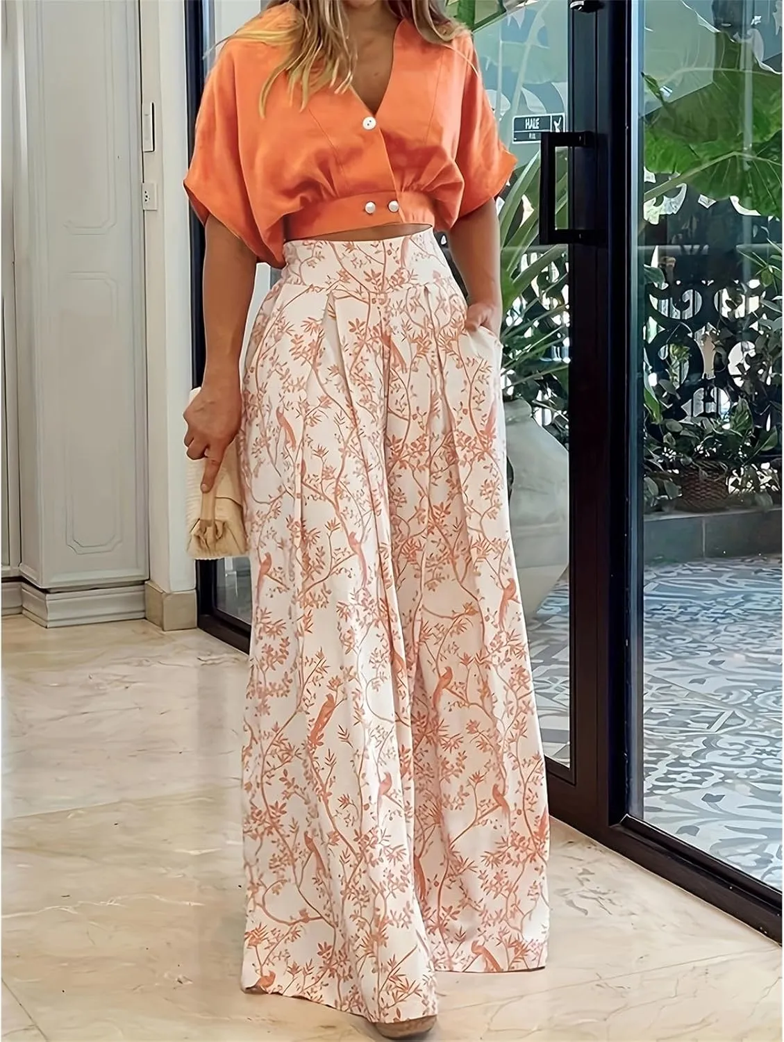 Summer 2 Piece Sets for Women Casual Trendy Lightweight V Neck Short Sleeve Tops and Wide Leg Pants Set Business Suits