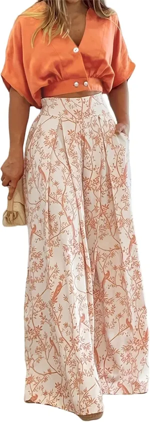 Summer 2 Piece Sets for Women Casual Trendy Lightweight V Neck Short Sleeve Tops and Wide Leg Pants Set Business Suits
