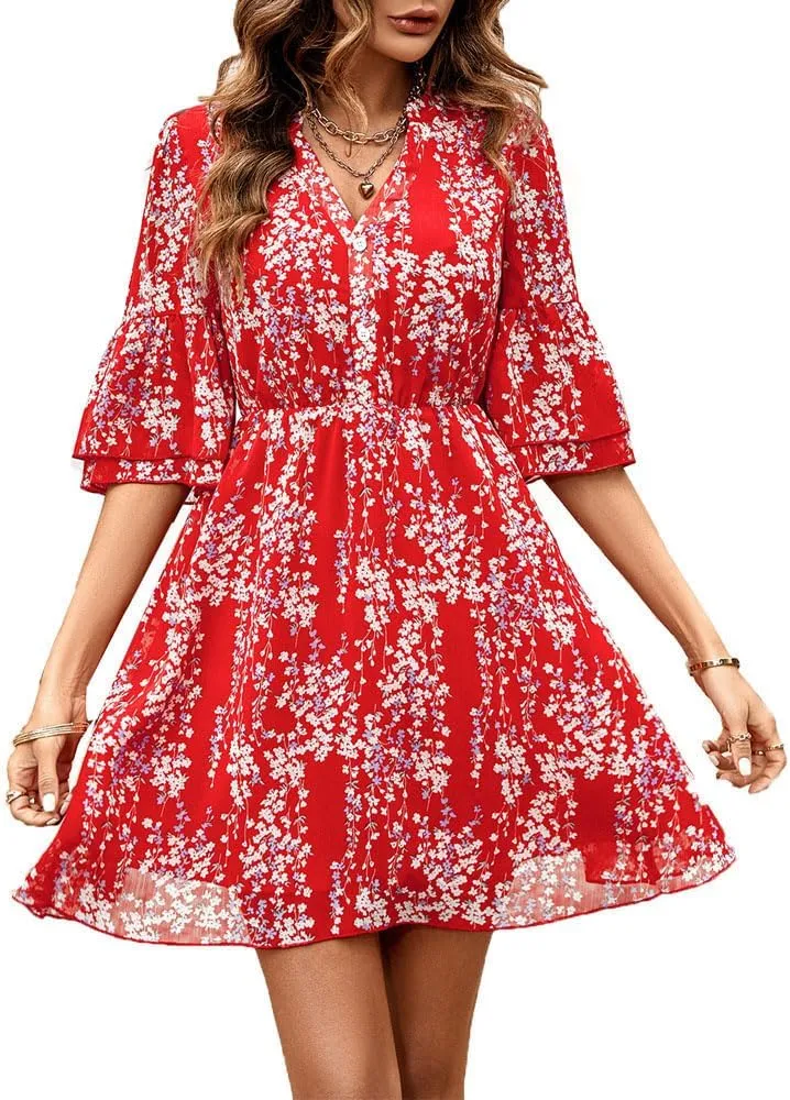 Summer Casual Women's V Neck Short-Sleeved Mini Dress Printed high-Waisted Ruffle Flutter A-line Dress