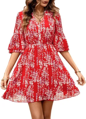 Summer Casual Women's V Neck Short-Sleeved Mini Dress Printed high-Waisted Ruffle Flutter A-line Dress