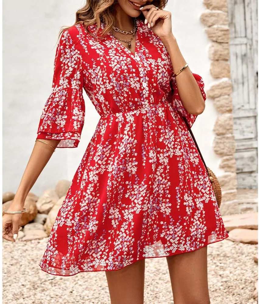 Summer Casual Women's V Neck Short-Sleeved Mini Dress Printed high-Waisted Ruffle Flutter A-line Dress