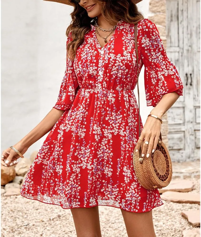 Summer Casual Women's V Neck Short-Sleeved Mini Dress Printed high-Waisted Ruffle Flutter A-line Dress