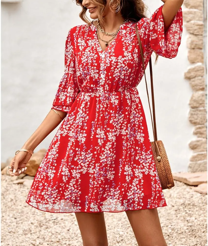 Summer Casual Women's V Neck Short-Sleeved Mini Dress Printed high-Waisted Ruffle Flutter A-line Dress
