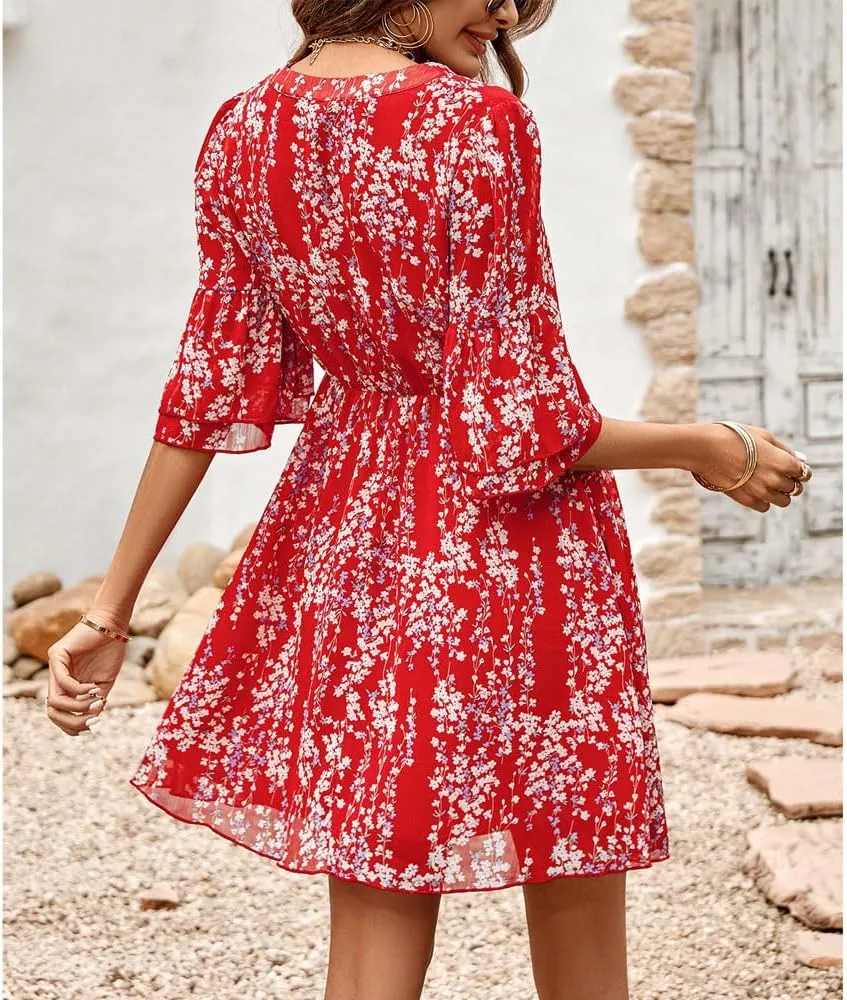 Summer Casual Women's V Neck Short-Sleeved Mini Dress Printed high-Waisted Ruffle Flutter A-line Dress