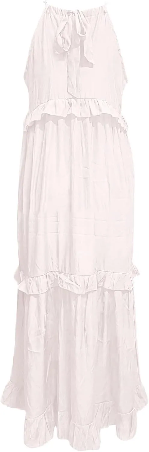 Summer Dresses for Women 2025 Casual Sleeveless Halter Neck Maxi Dress Plus Size Loose Flowy Ruffle Beach Sundresses