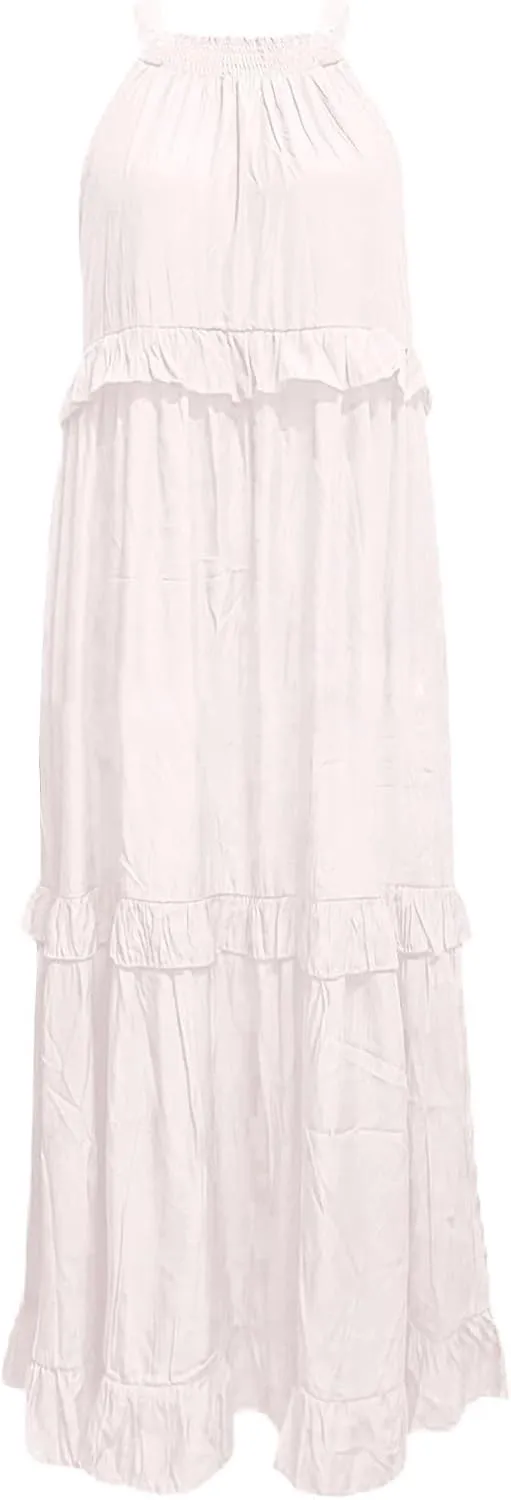 Summer Dresses for Women 2025 Casual Sleeveless Halter Neck Maxi Dress Plus Size Loose Flowy Ruffle Beach Sundresses