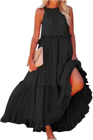Summer Dresses for Women 2025 Casual Sleeveless Halter Neck Maxi Dress Plus Size Loose Flowy Ruffle Beach Sundresses