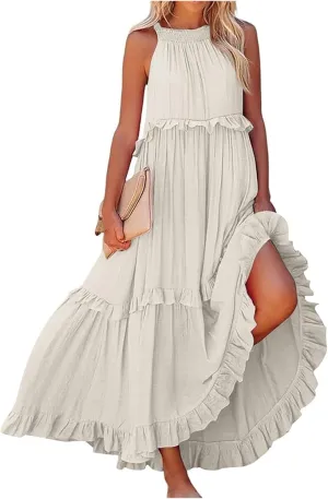 Summer Dresses for Women 2025 Casual Sleeveless Halter Neck Maxi Dress Plus Size Loose Flowy Ruffle Beach Sundresses