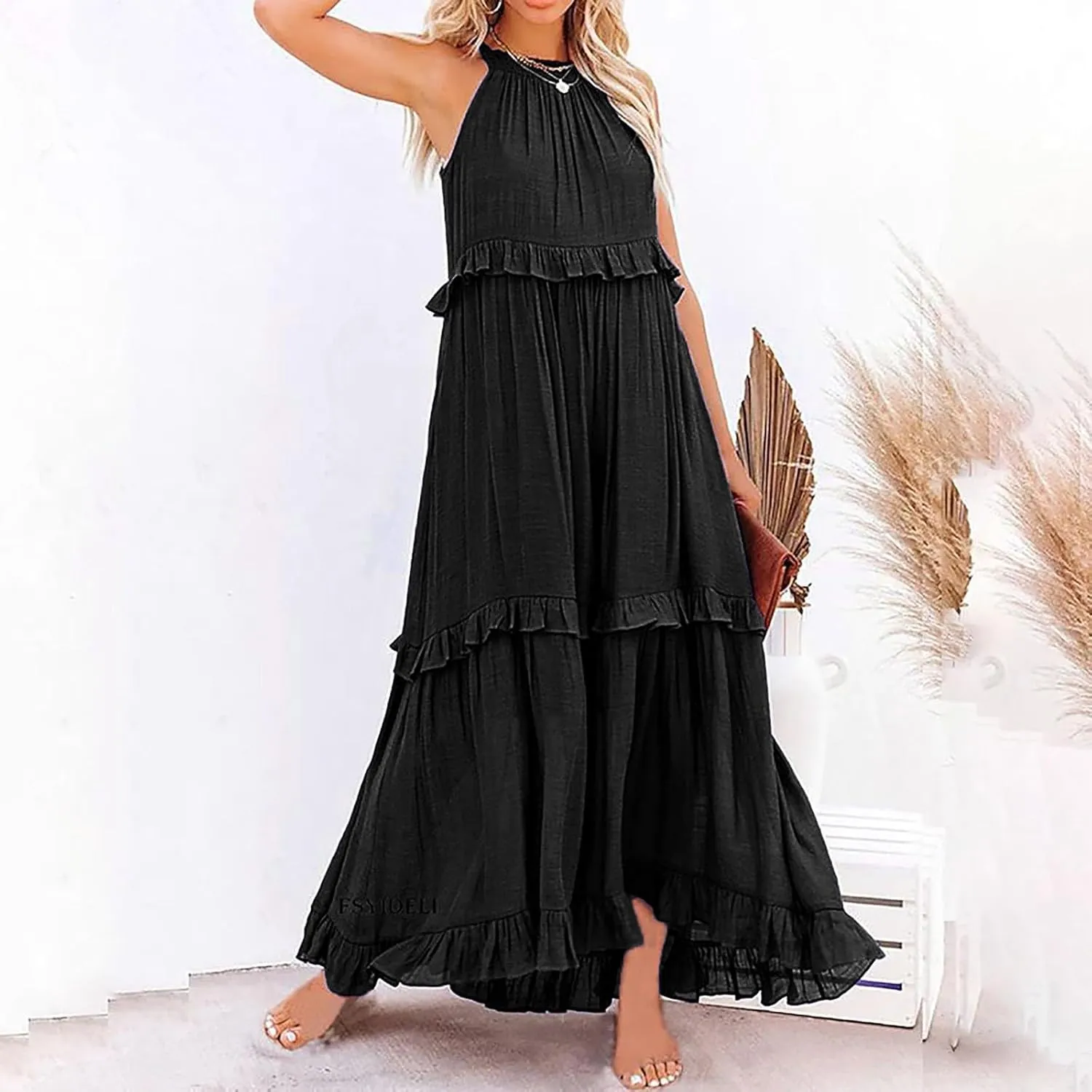 Summer Dresses for Women 2025 Casual Sleeveless Halter Neck Maxi Dress Plus Size Loose Flowy Ruffle Beach Sundresses