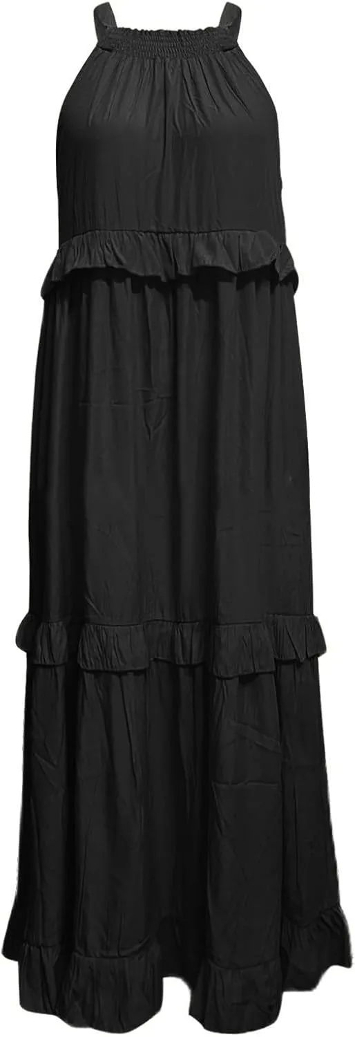 Summer Dresses for Women 2025 Casual Sleeveless Halter Neck Maxi Dress Plus Size Loose Flowy Ruffle Beach Sundresses