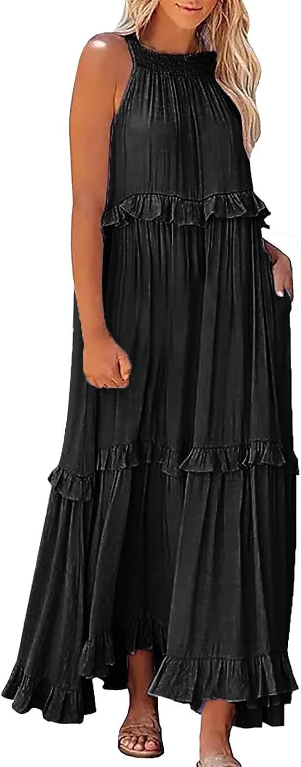 Summer Dresses for Women 2025 Casual Sleeveless Halter Neck Maxi Dress Plus Size Loose Flowy Ruffle Beach Sundresses