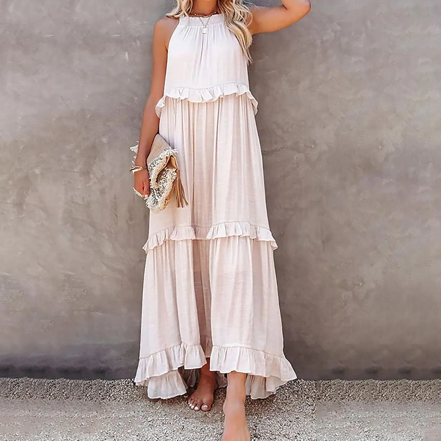 Summer Dresses for Women 2025 Casual Sleeveless Halter Neck Maxi Dress Plus Size Loose Flowy Ruffle Beach Sundresses
