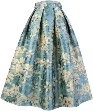 Summer Japanese Vintage Social Retro White Blossom Embroidery High Waist Long Blue Pleated Midi Skirt