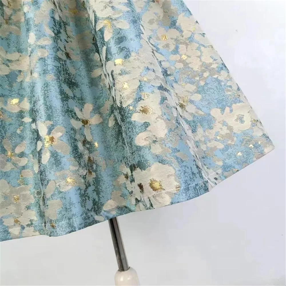 Summer Japanese Vintage Social Retro White Blossom Embroidery High Waist Long Blue Pleated Midi Skirt