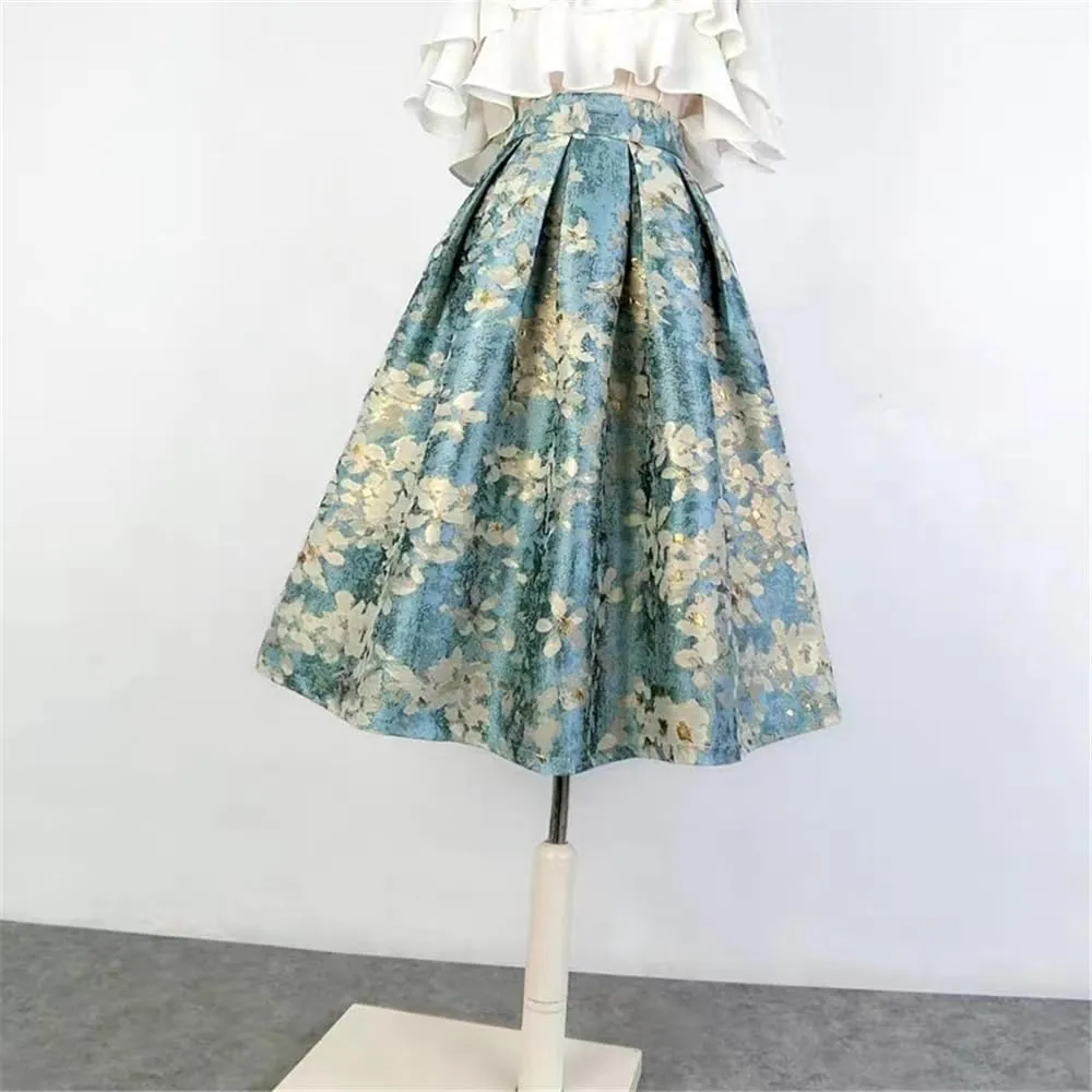 Summer Japanese Vintage Social Retro White Blossom Embroidery High Waist Long Blue Pleated Midi Skirt