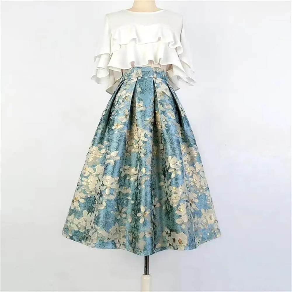 Summer Japanese Vintage Social Retro White Blossom Embroidery High Waist Long Blue Pleated Midi Skirt