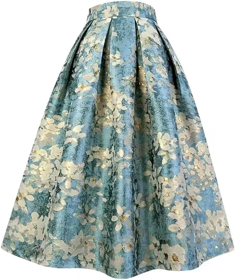 Summer Japanese Vintage Social Retro White Blossom Embroidery High Waist Long Blue Pleated Midi Skirt