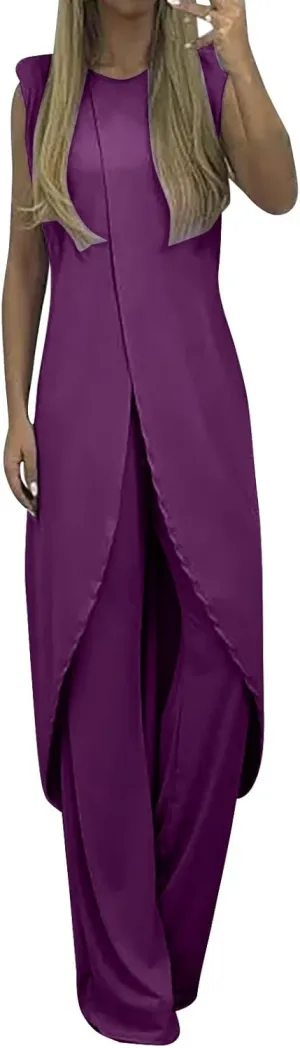 Summer Outfits for Women 2024 Sleeveless Long Vest Robe 2-Piece Sets Front Cross Split Gown Blouse Wide Leg Pants Suit