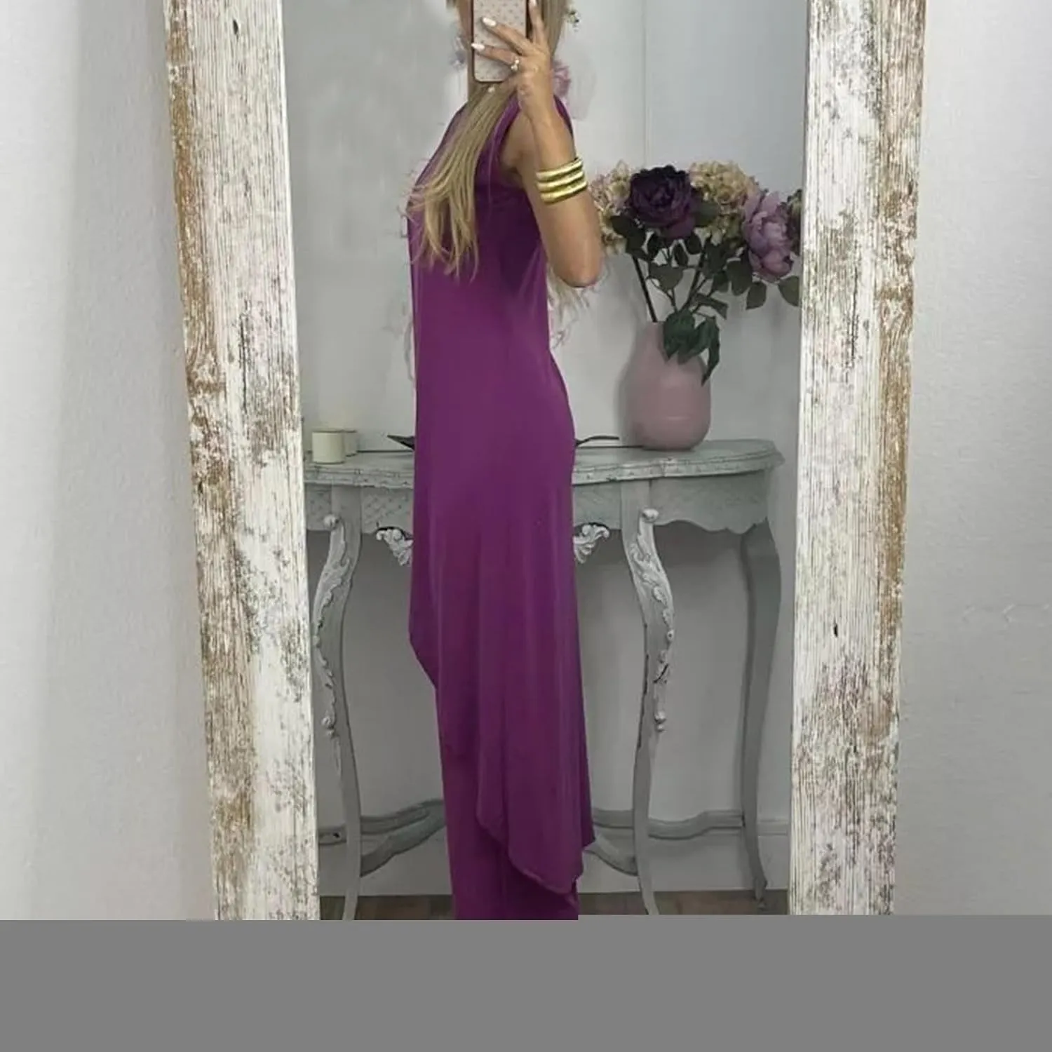Summer Outfits for Women 2024 Sleeveless Long Vest Robe 2-Piece Sets Front Cross Split Gown Blouse Wide Leg Pants Suit