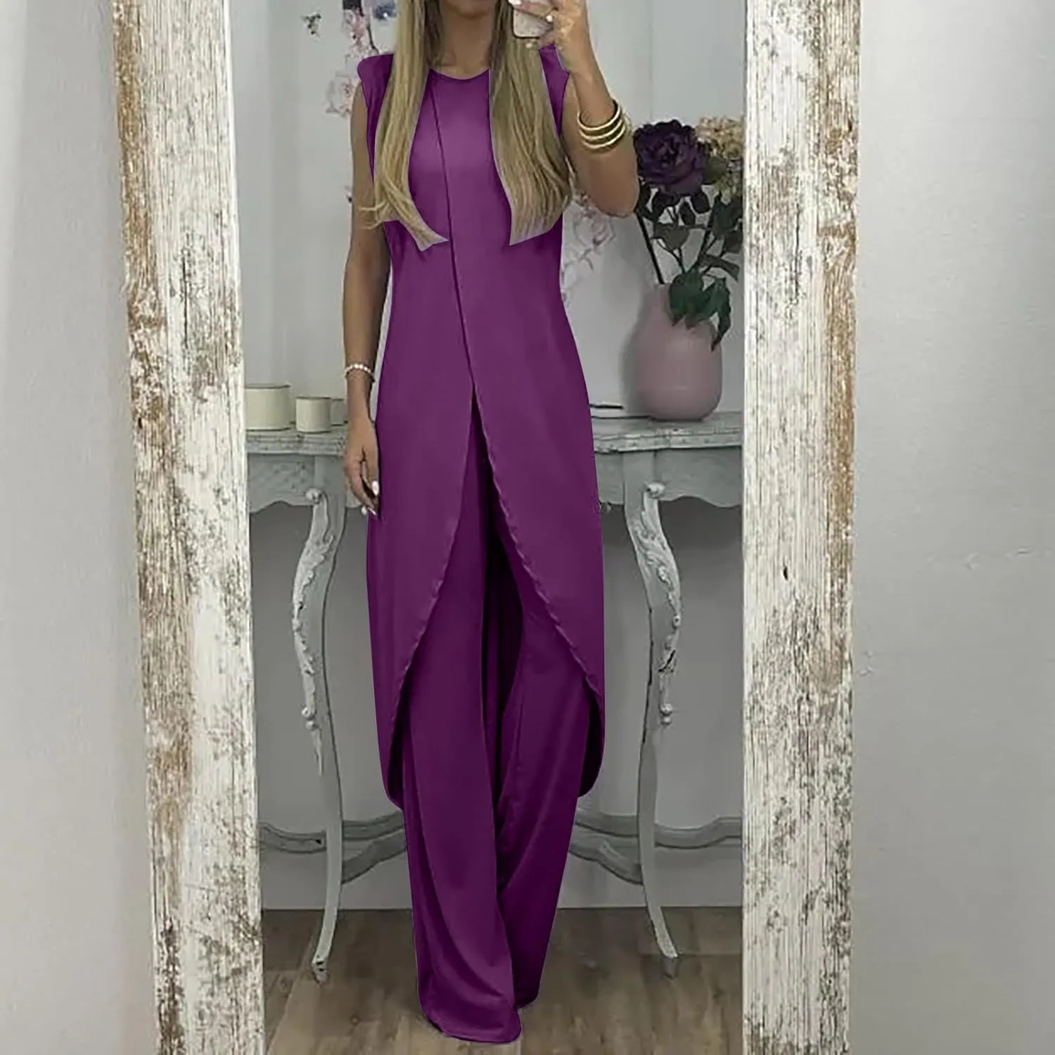 Summer Outfits for Women 2024 Sleeveless Long Vest Robe 2-Piece Sets Front Cross Split Gown Blouse Wide Leg Pants Suit