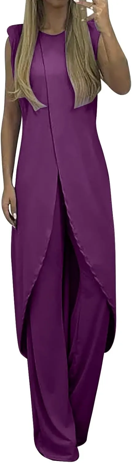 Summer Outfits for Women 2024 Sleeveless Long Vest Robe 2-Piece Sets Front Cross Split Gown Blouse Wide Leg Pants Suit