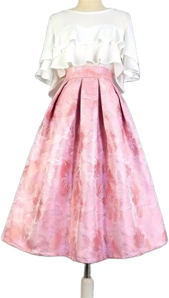Summer Vintage Retro Pink Blossom Embroidery High Waist Long Pleated Midi Skirt Party Holiday