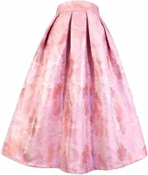 Summer Vintage Retro Pink Blossom Embroidery High Waist Long Pleated Midi Skirt Party Holiday