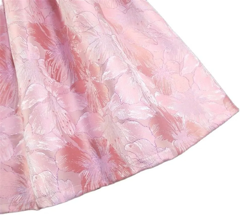 Summer Vintage Retro Pink Blossom Embroidery High Waist Long Pleated Midi Skirt Party Holiday