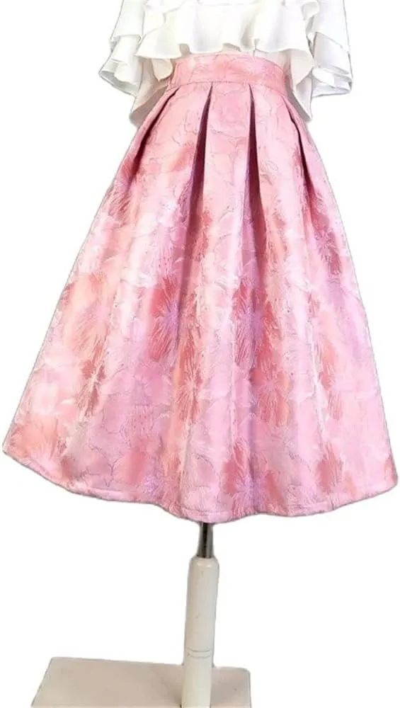 Summer Vintage Retro Pink Blossom Embroidery High Waist Long Pleated Midi Skirt Party Holiday