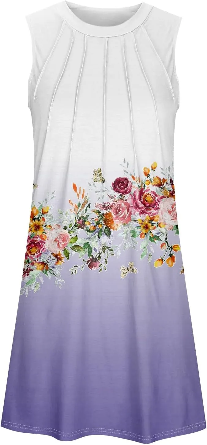 Sun Dresses for Women 2025 Vacation Summer Midi Tropical Sleeveless Dress U Neck Flowy Tank Flowy Going Out Dresses