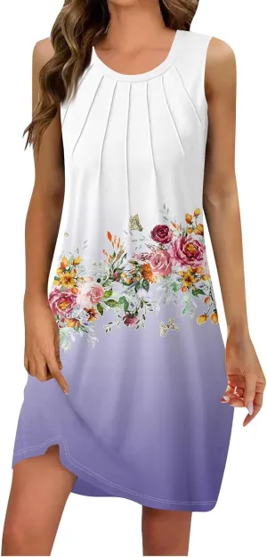Sun Dresses for Women 2025 Vacation Summer Midi Tropical Sleeveless Dress U Neck Flowy Tank Flowy Going Out Dresses