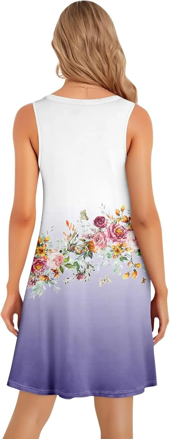 Sun Dresses for Women 2025 Vacation Summer Midi Tropical Sleeveless Dress U Neck Flowy Tank Flowy Going Out Dresses