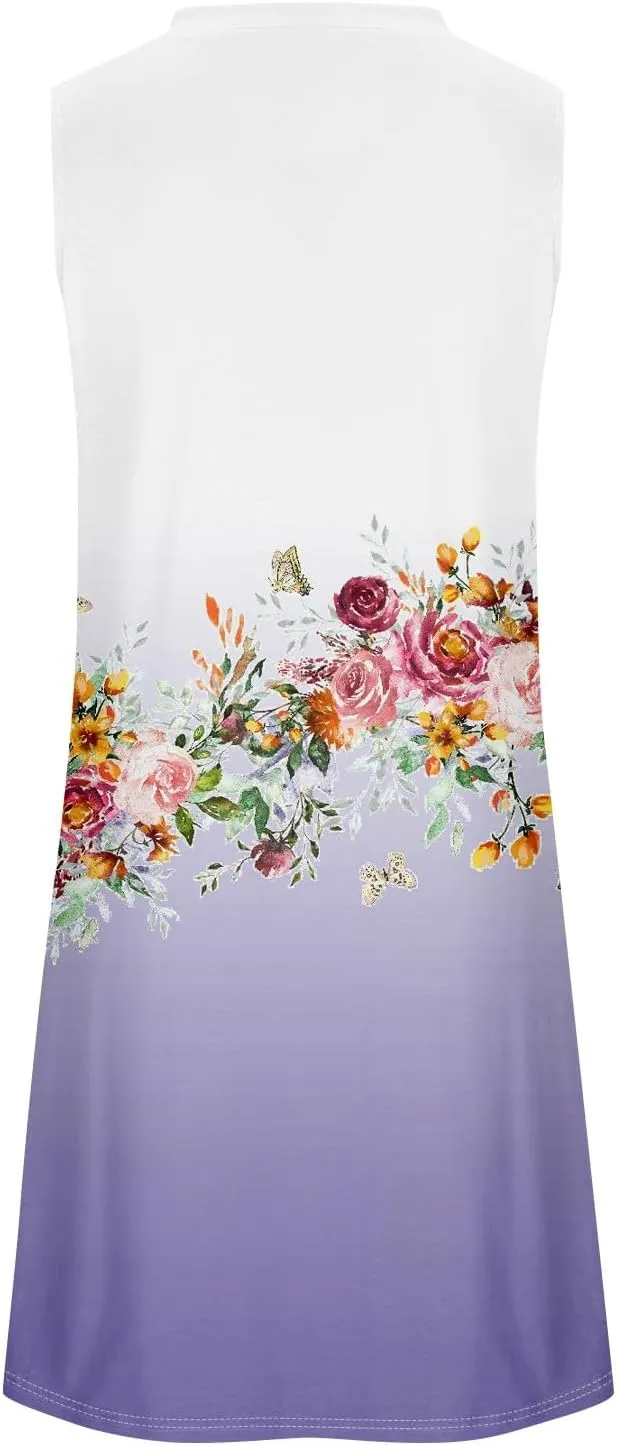 Sun Dresses for Women 2025 Vacation Summer Midi Tropical Sleeveless Dress U Neck Flowy Tank Flowy Going Out Dresses