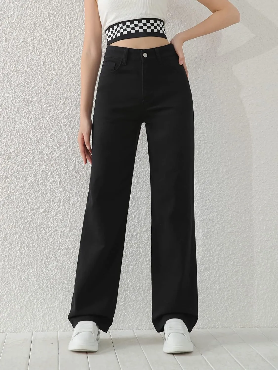 SweatyRocks Girl's High Waisted Solid Straight Leg Jeans Casual Loose Denim Pants
