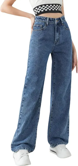 SweatyRocks Girl's High Waisted Solid Straight Leg Jeans Casual Loose Denim Pants
