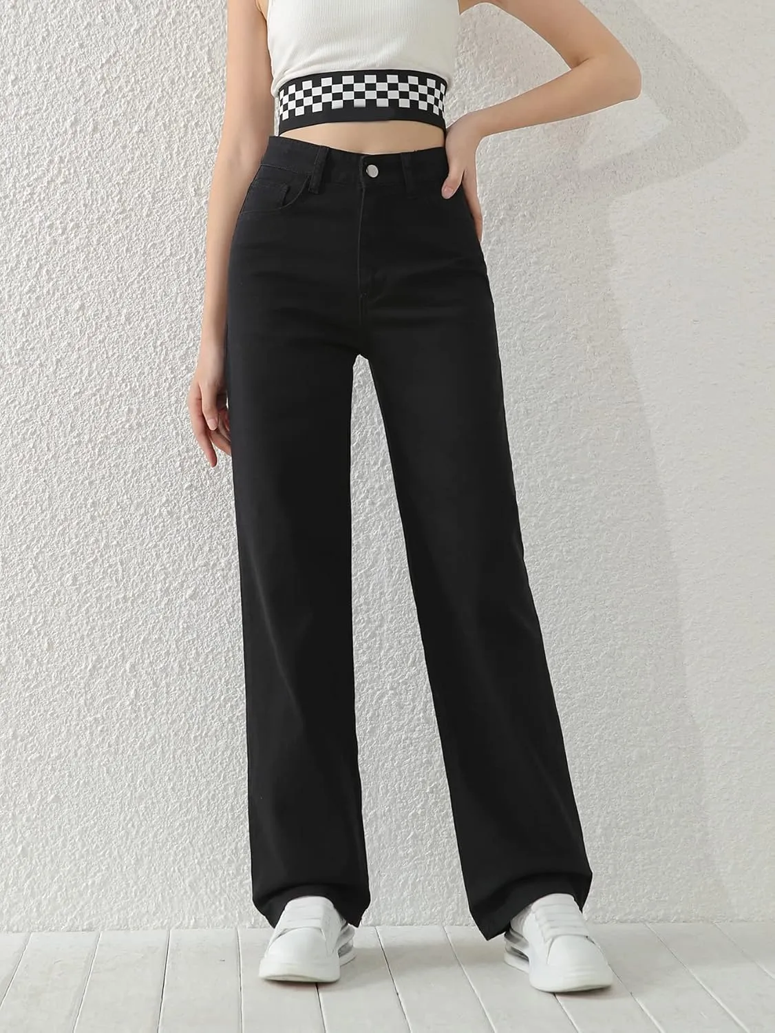 SweatyRocks Girl's High Waisted Solid Straight Leg Jeans Casual Loose Denim Pants